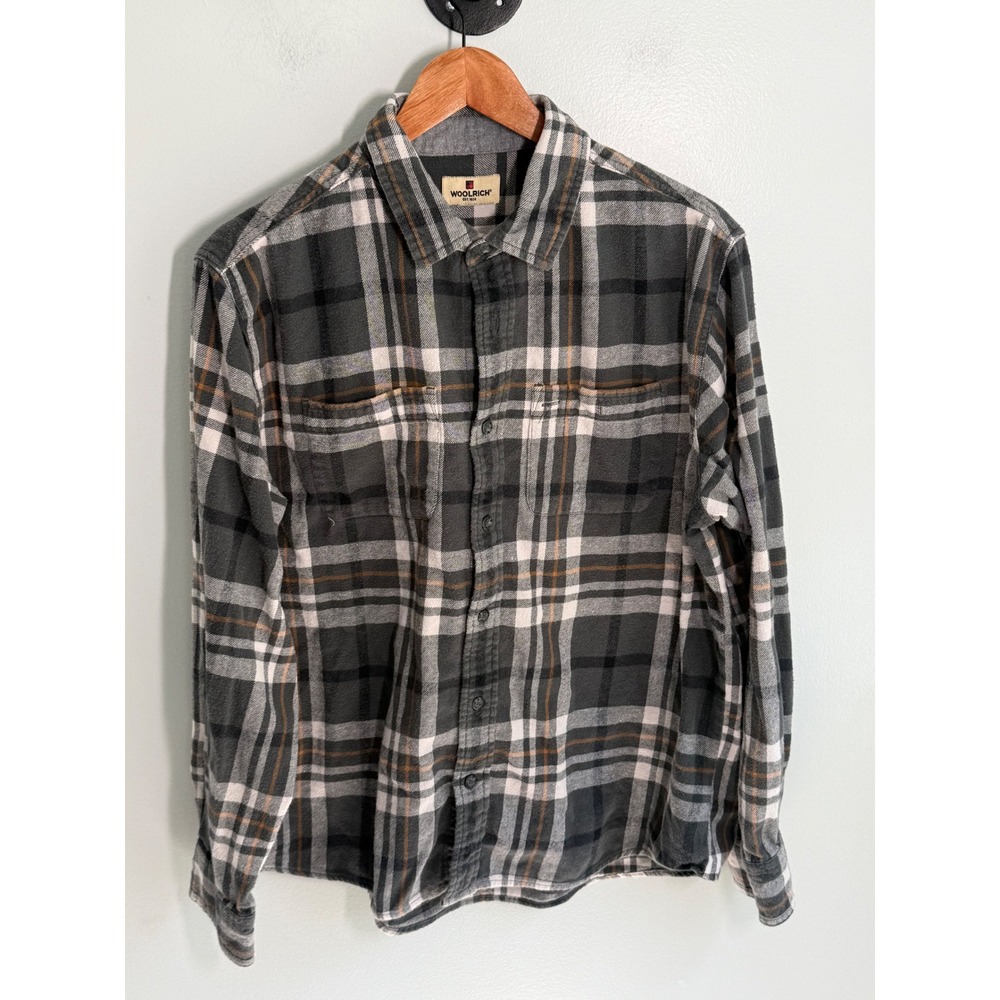 Woolrich Mens Large Grey Black Plaid Flannel Long Sleeve Button Down Shirt